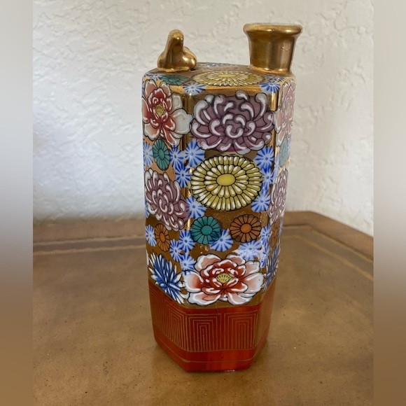 Vtg Japanese Shoxan Kutani Sake Bottle Sing Bird Hand Paint 1000 Flowers Design - Picture 1 of 7